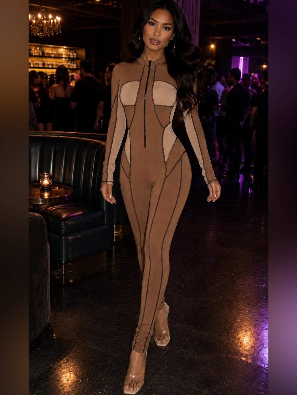 Fashion Nova Brown and tan bodycon Long Sleeve Jumpsuit